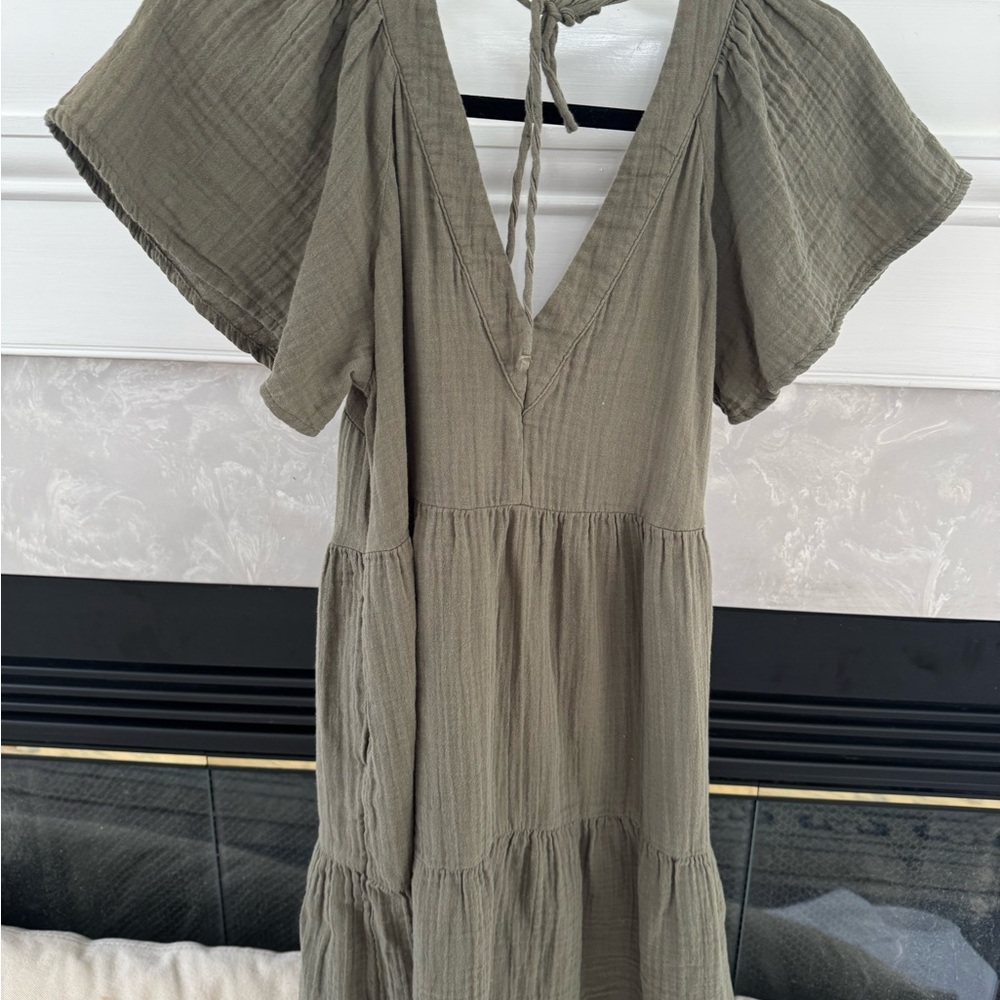 Olive Green V-Neck Tiered Mini Swing Dress XS